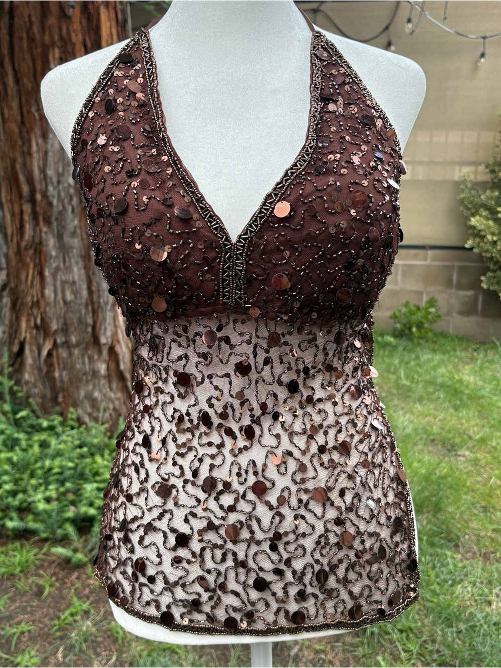 Guess Beaded Brown Lace-Up Back Y2K Top Size S